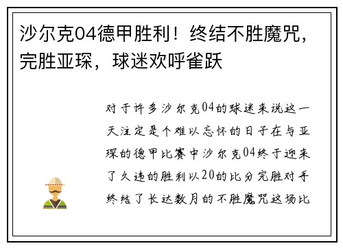 沙尔克04德甲胜利！终结不胜魔咒，完胜亚琛，球迷欢呼雀跃