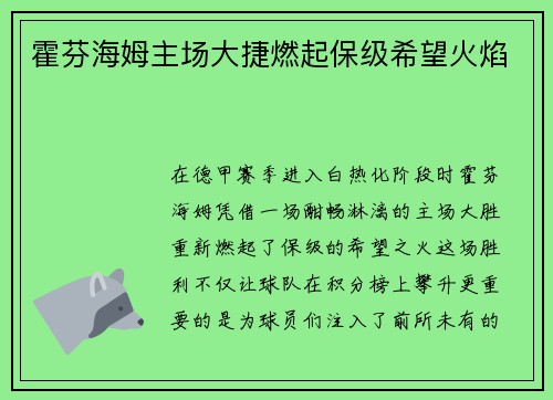 霍芬海姆主场大捷燃起保级希望火焰