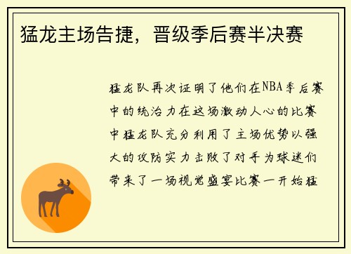 猛龙主场告捷，晋级季后赛半决赛