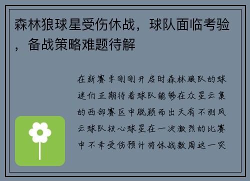 森林狼球星受伤休战，球队面临考验，备战策略难题待解